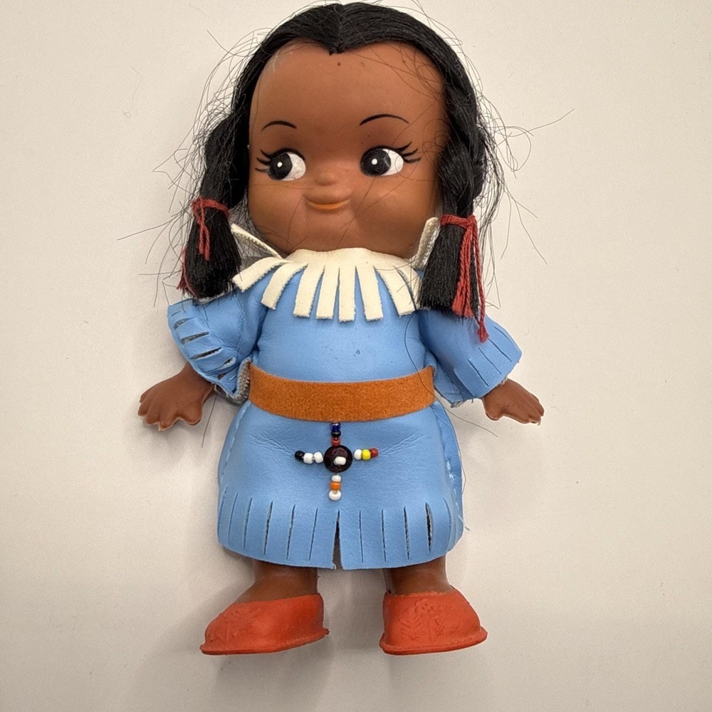 Vintage 1980s Native American Rubber Doll‎ Black Hair Blue Fringe Outfit